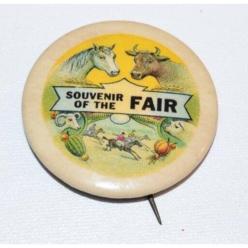 Vtg Farm Show Fair Pin Button Souvenir  Cow Horse Animal Design pinback